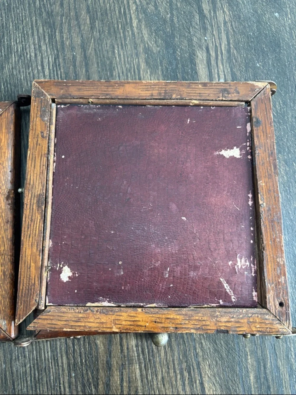 Vintage triple wood framed mirrors, beveled glass,hinges,patina,7.25x7.25” each